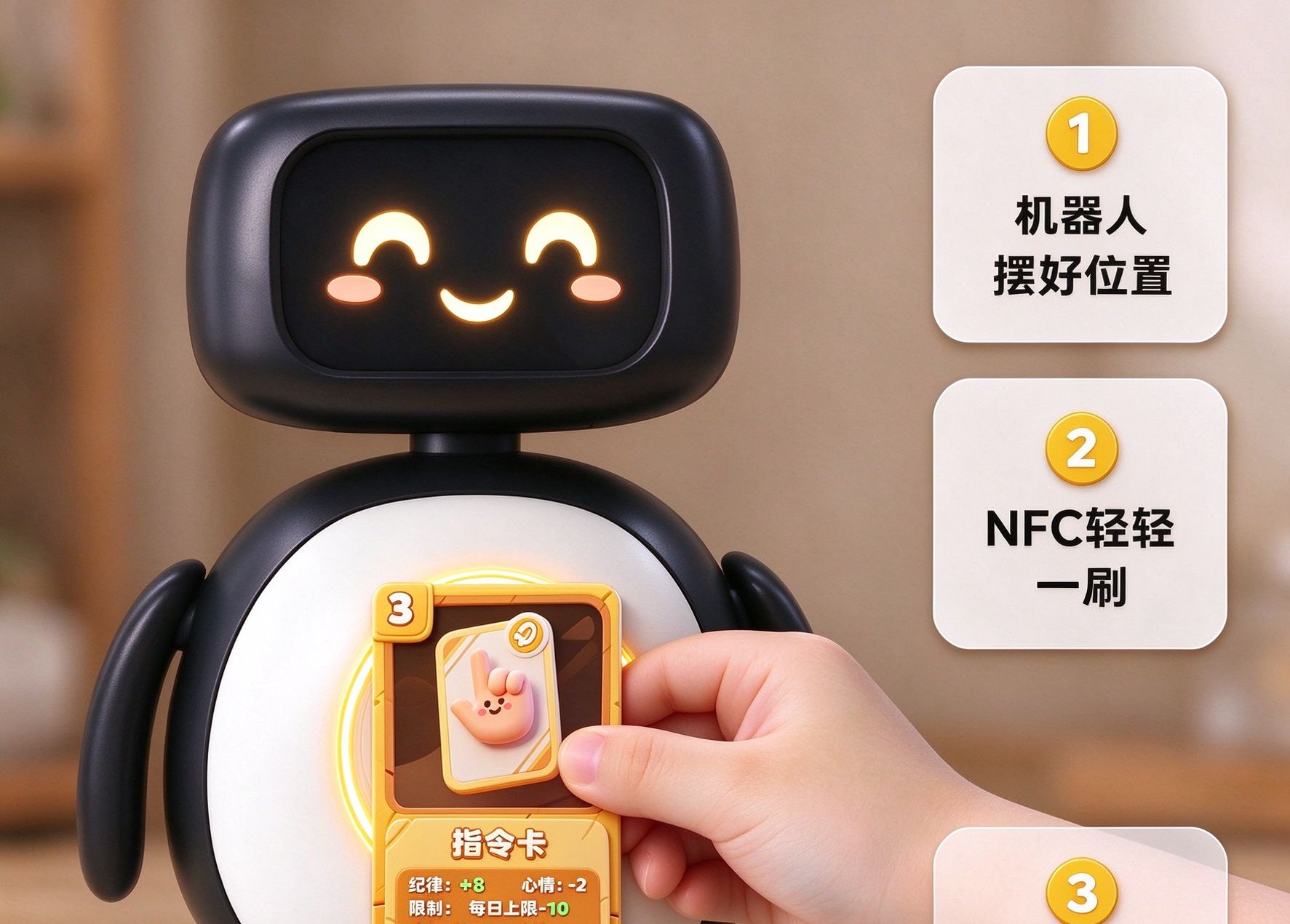 Daytime Theater: tap the NFC command card on Qiubao to start the show
