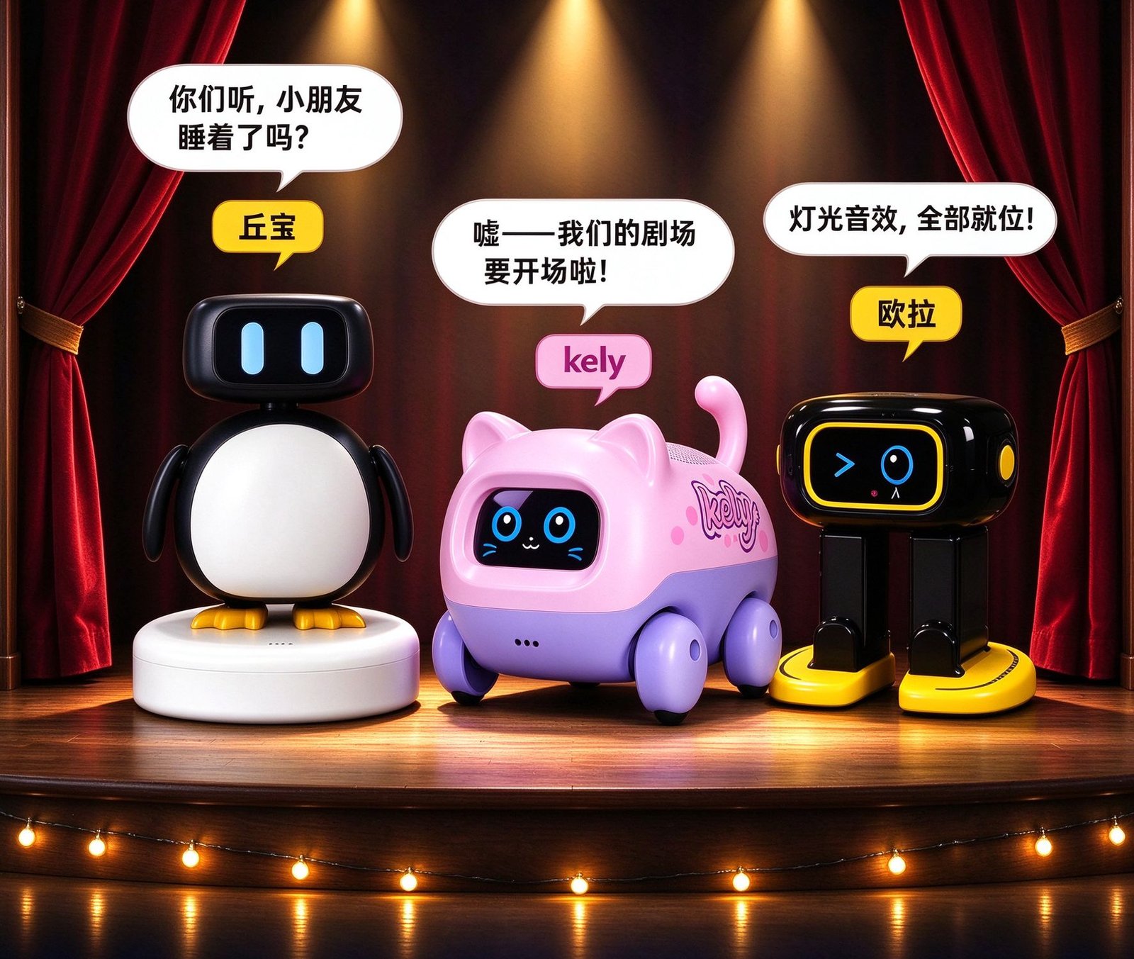 Good-Night Theater stage: three robots performing a dialogue